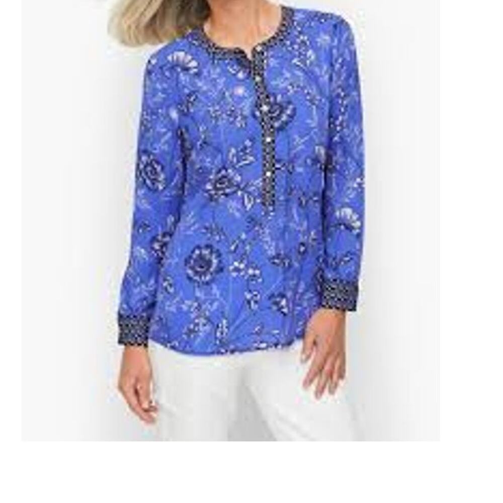 Talbots Etched Botanical Band Collar Popover Blue Long Sleeve Shirt Medium